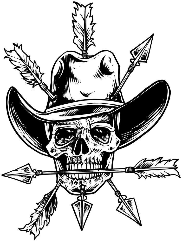 Designbeispiel: Totenkopf mit Cowboyhut und Pfeilen