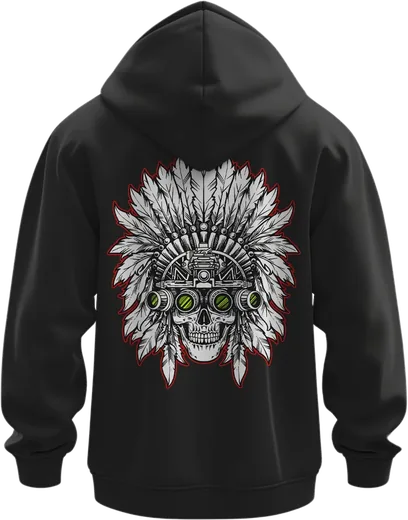 Mockup: schwarzer Hoodie mit Totenkopf-Motiv auf dem Rücken