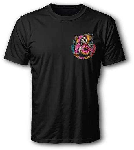 Mockup: schwarzes Shirt mit kleinem Brustmotiv Licking that pink